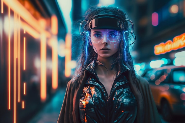 Femme portant des lunettes futuristes avec le mot technologie numérique cyberpunk Metaverse Avatar