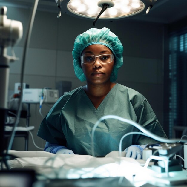 Une femme portant des lunettes et un gommage est assise devant une lampe qui dit "je suis infirmière"