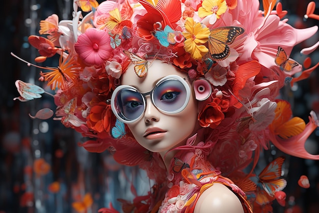 Une femme portant des lunettes et une perruque de fleurs