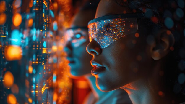 une femme portant des lunettes de protection avec le reflet d'une femme vêtue de lunettes