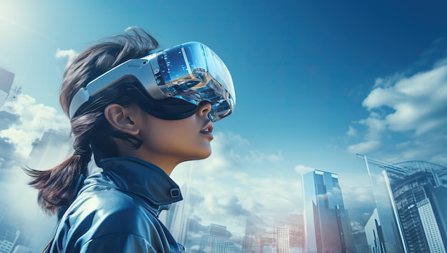 Femme portant des lunettes de réalité virtuelle contre un paysage urbain moderne avec des gratte-ciel