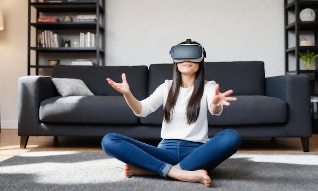 une femme portant des lunettes de réalité virtuelle est assise sur un tapis