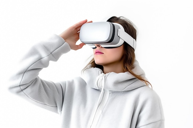 Une femme portant des lunettes de réalité virtuelle porte un capuchon blanc.