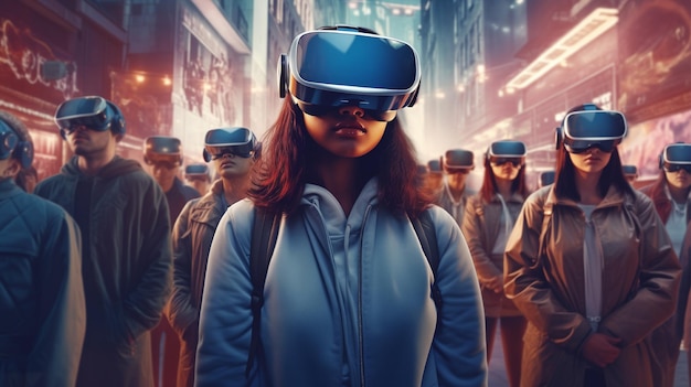 une femme portant des lunettes de réalité virtuelle se tient dans une foule