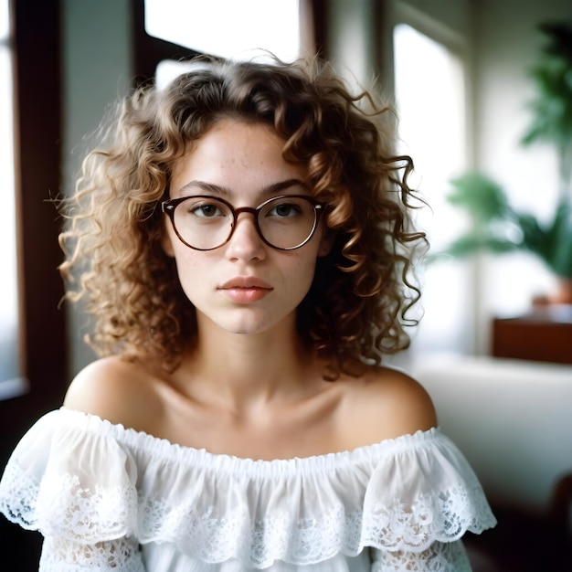 Photo une femme portant des lunettes et une robe blanche porte un haut en dentelle blanc