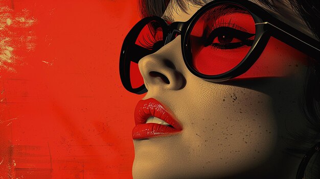 une femme portant des lunettes rouges avec une lentille rouge et des lunettes rouge