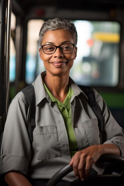 Photo une femme portant des lunettes et un sac à dos se tient sur un bus