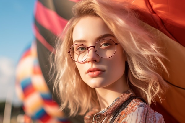 Une femme portant des lunettes se tient devant un mur coloré.