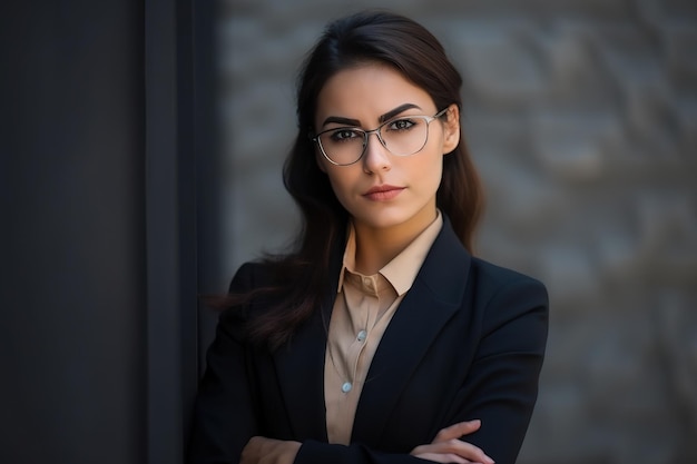 Une femme portant des lunettes se tient devant un mur avec un fond gris