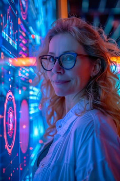 Une femme portant des lunettes se tient devant un mur de moniteurs informatiques