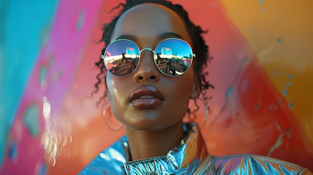 Une femme portant des lunettes de soleil appuyée contre un mur