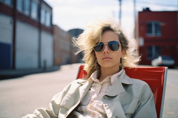 une femme portant des lunettes de soleil assise sur une chaise rouge