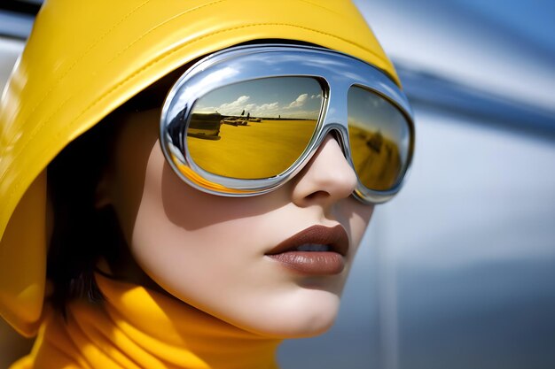 Une femme portant des lunettes de soleil et un chapeau jaune avec le mot aéroport sur le devant.