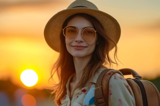 Une femme portant des lunettes de soleil et un chapeau de paille tient un sac à dos et sourit à la caméra