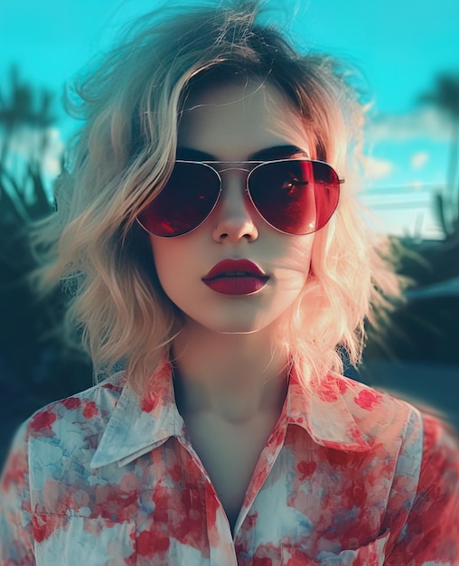 une femme portant des lunettes de soleil et une chemise avec un rouge à lèvres rouge.