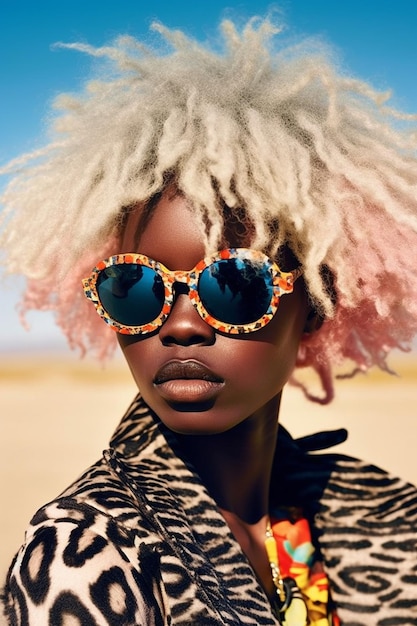 une femme portant des lunettes de soleil avec des cheveux roses et un chapeau coloré.