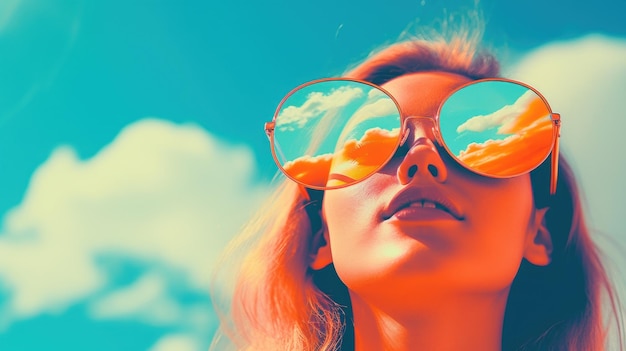 Une femme portant des lunettes de soleil avec un ciel et des nuages derrière elle