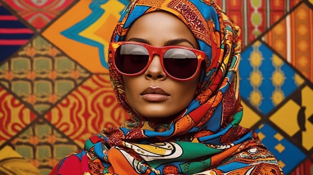 Une femme portant des lunettes de soleil et une écharpe colorée avec le mot amour dessus.