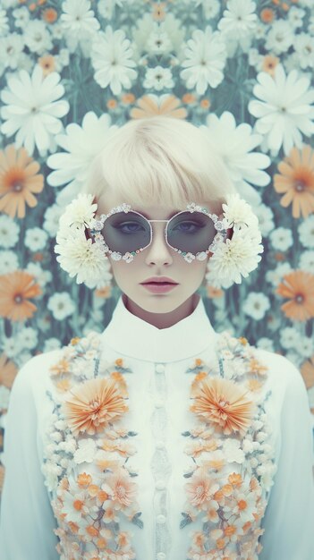 une femme portant des lunettes de soleil avec des fleurs sur le visage