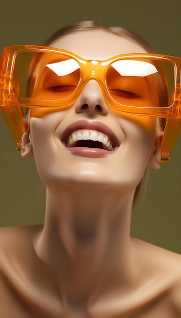 Une femme portant des lunettes de soleil orange avec le mot orange dessus.