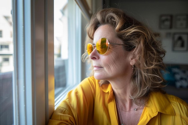 une femme portant des lunettes de soleil regardant par une fenêtre