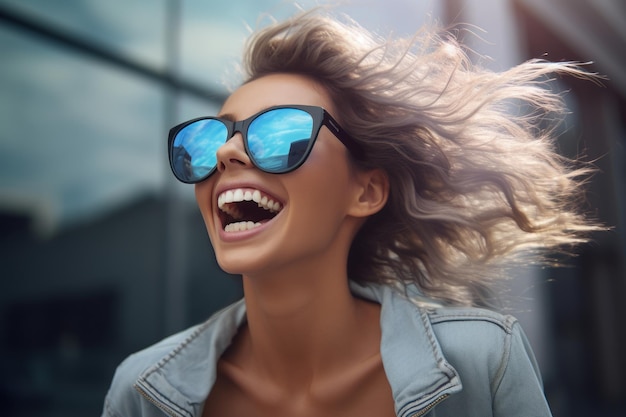 une femme portant des lunettes de soleil et riant