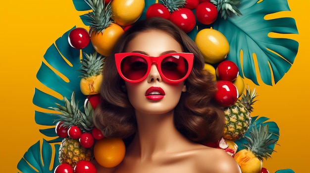 une femme portant des lunettes de soleil rouges avec un ananas sur le dessus.