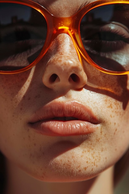 Une femme portant des lunettes de soleil rouges