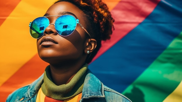 Une femme portant des lunettes de soleil se tient devant un drapeau arc-en-ciel.