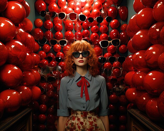 une femme portant des lunettes de soleil se tient devant un mur plein de tasses rouges
