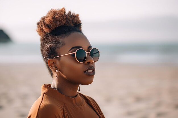 Une femme portant des lunettes de soleil se tient sur une plage portant des lunettes de soleil.