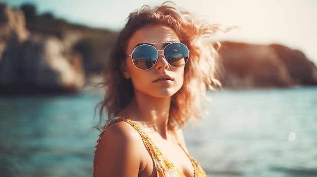 Une femme portant des lunettes de soleil se tient sur une plage.