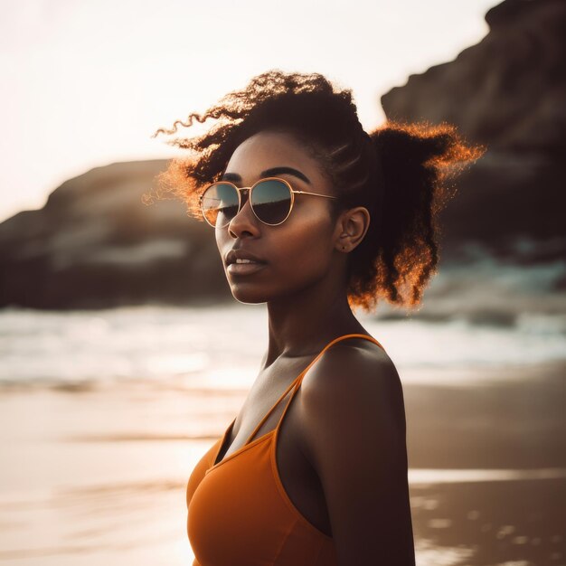 Une femme portant des lunettes de soleil se tient sur une plage.