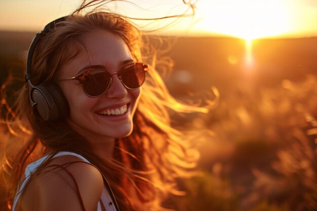 Une femme portant des lunettes de soleil et souriant au coucher du soleil