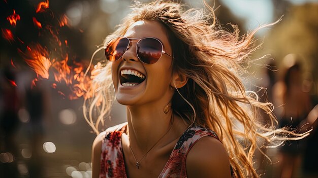 Photo une femme portant des lunettes de soleil et souriant avec le mot dessus