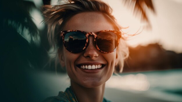 Une femme portant des lunettes de soleil sourit à la caméra.