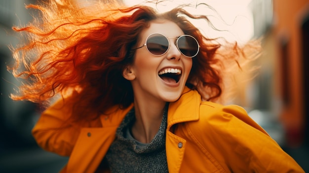 Une femme portant des lunettes de soleil et une veste jaune rit et porte des lunettes de soleil.