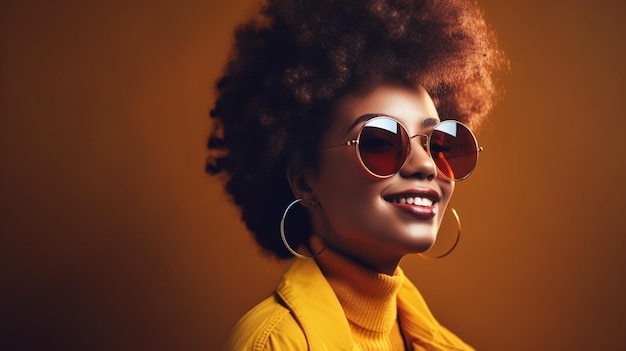 Une femme portant des lunettes de soleil et une veste jaune se tient devant un fond jaune.