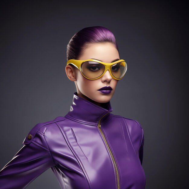 une femme portant des lunettes de soleil violettes et jaunes