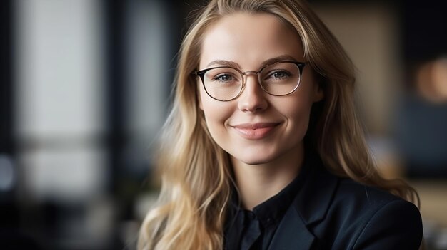 Une femme portant des lunettes sourit à la caméra.