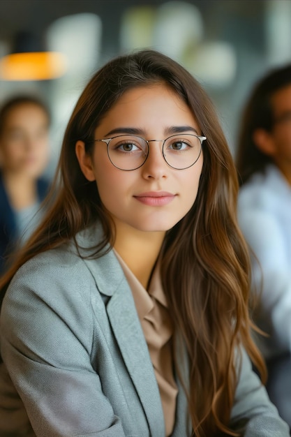 Photo une femme portant des lunettes et une veste grise est assise à une table