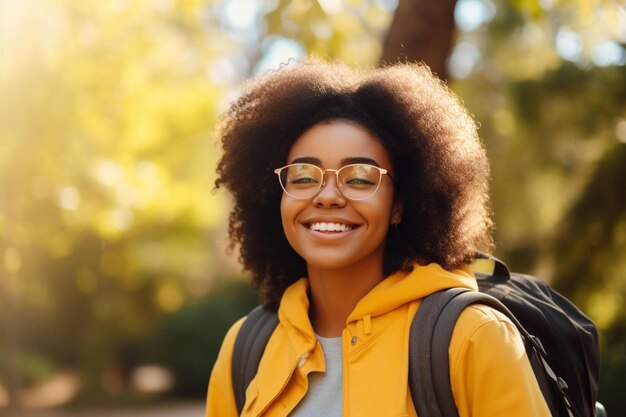 Photo une femme portant des lunettes et une veste jaune sourit à la caméra