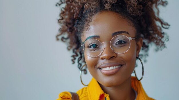 Une femme portant des lunettes et une veste jaune