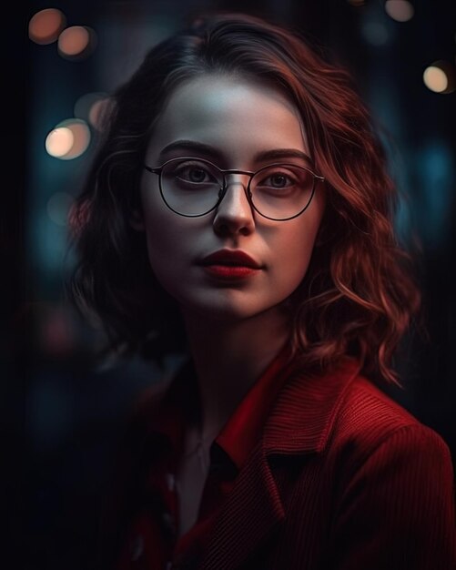 une femme portant des lunettes et une veste rouge avec une chemise rouge