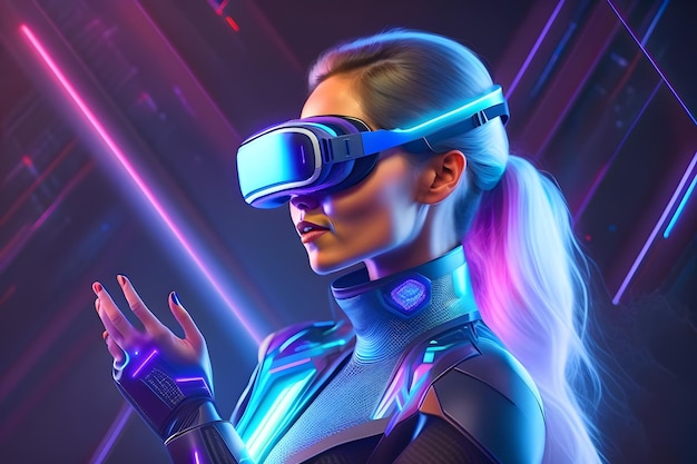 Femme portant des lunettes VR modernes interagissant avec le réseau tout en ayant une expérience de réalité virtuelle