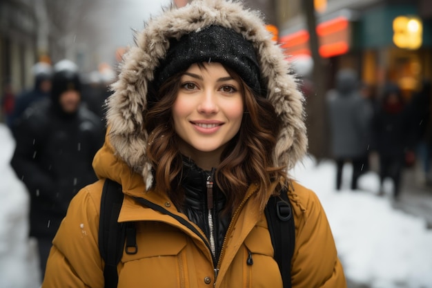 une femme portant un manteau d'hiver et un chapeau dans la neige