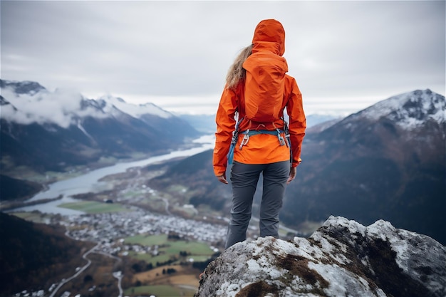 Femme portant un manteau orange debout au sommet d'une montagne Contenu généré par l'IA