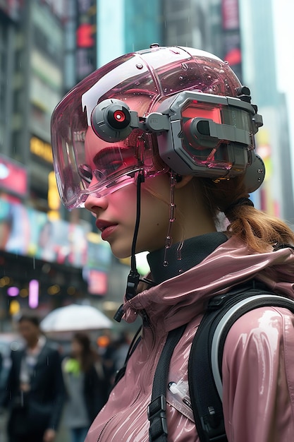 Photo une femme portant un manteau rose et un casque en plastique rose