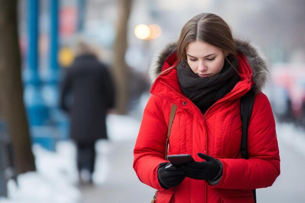 Photo une femme portant un manteau rouge et un foulard regarde son téléphone