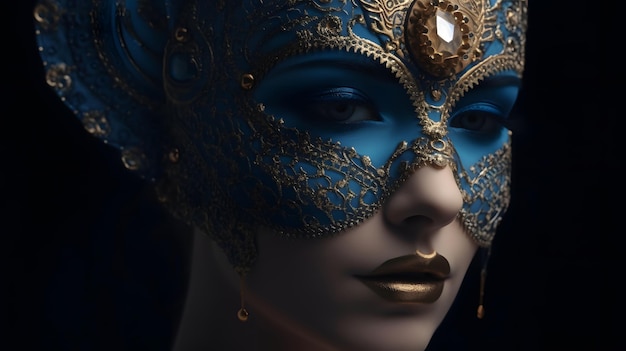 Une femme portant un masque de carnaval bleu avec des perles d'or et d'argent.